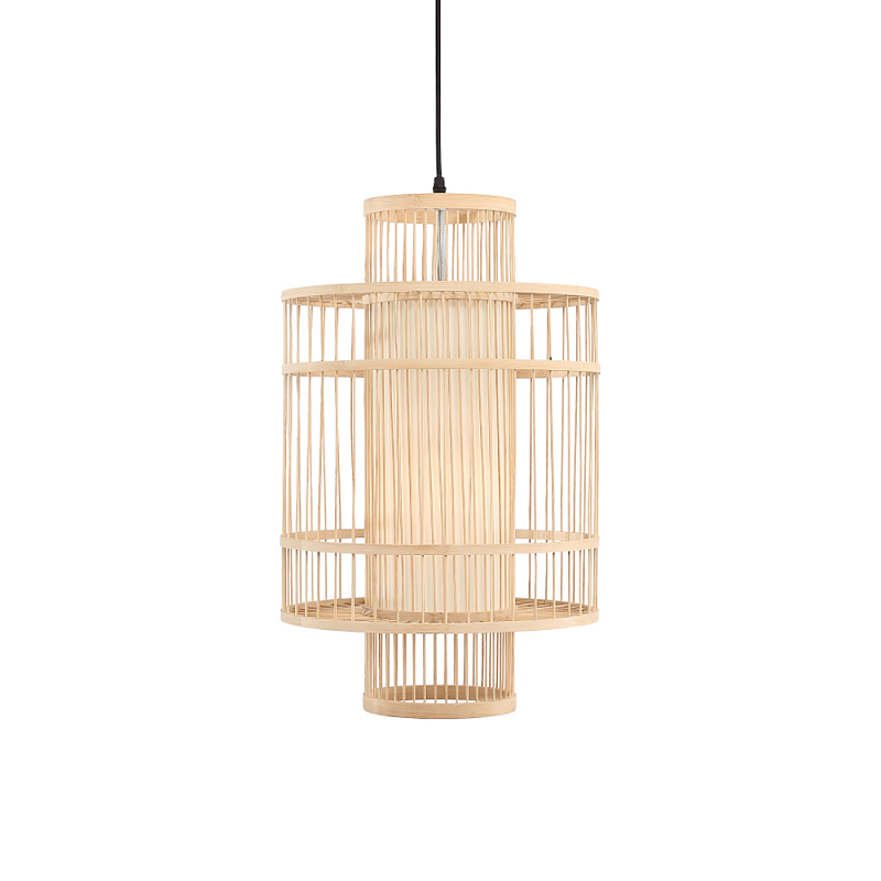 Подвесной светильник из деревянных прутьев с плафоном из натуральной ткани Light Inside the Cell Древесина в Костроме | Loft Concept 