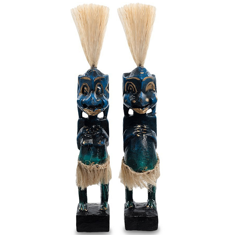 Комплект из 2-х деревянных статуэток Asmat Straw Headdress Statuettes Blue Синий Бирюзовый Бежевый Комплект из 2-х деревянных статуэток Asmat Straw Headdress Statuettes Blue Синий Бирюзовый Бежевый в Костроме | Loft Concept