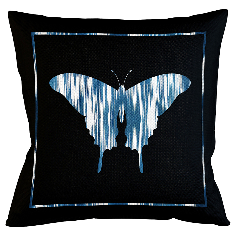 Подушка декоративная Бабочка с синим узором Ikat Pattern Черный Белый Синий Бежевый Подушка декоративная Бабочка с синим узором Ikat Pattern Черный Белый Синий Бежевый в Костроме | Loft Concept