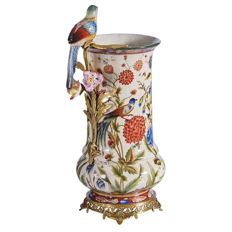 Ваза фарфоровая с птицей на бронзовой ветке и цветочной росписью Garden of Eden Бронза Мульти в Костроме | Loft Concept 