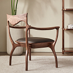 Стул деревянный с мягким сиденьем из коричневой натуральной кожи Moon Walnut Furniture варинант исполнения - 2 | Loft Concept в Костроме