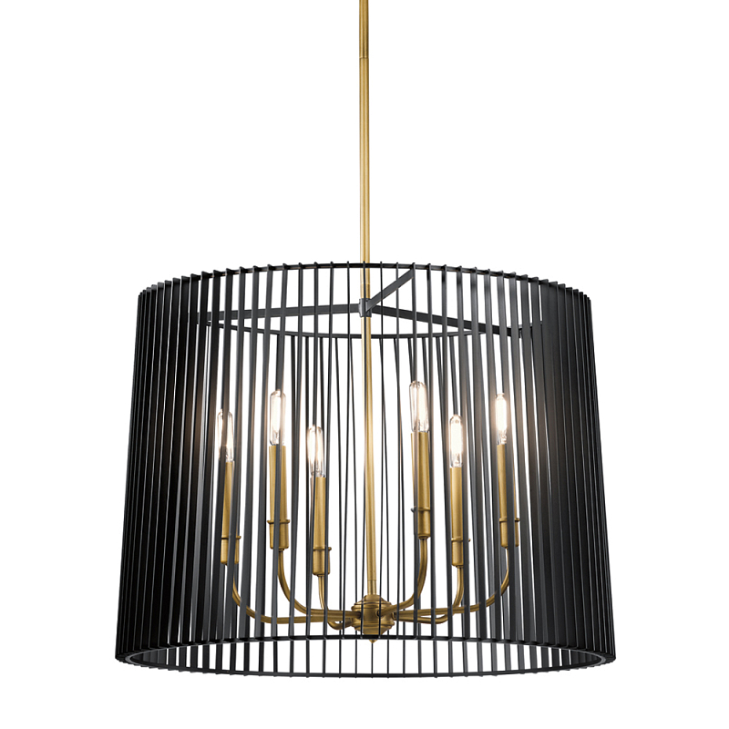 Люстра цвета латунь с 6-ю лампами свечами внутри цилиндрического абажура из черных металлических реек Kichler Латунь Черный в Костроме | Loft Concept 
