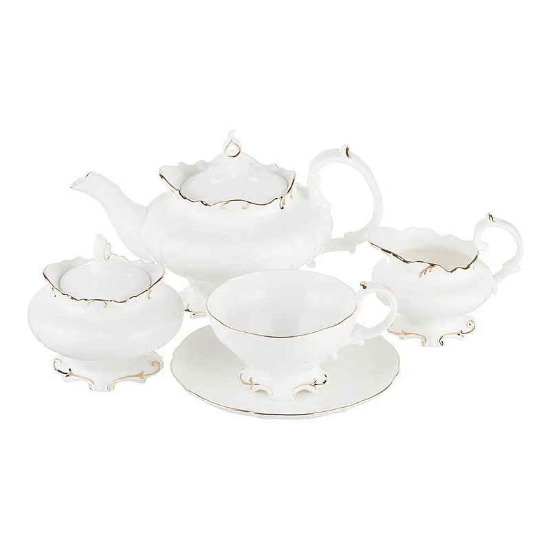 Чайный сервиз белого цвета из фарфора на 6 персон 15 предметов Shine Porcelain Белый Золотой Чайный сервиз белого цвета из фарфора на 6 персон 15 предметов Shine Porcelain Белый Золотой в Костроме | Loft Concept