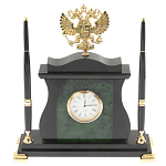 Часы настольные с Гербом России и 2-мя шариковыми ручками в комплекте Stone Clock варинант исполнения - 1 | Loft Concept в Костроме