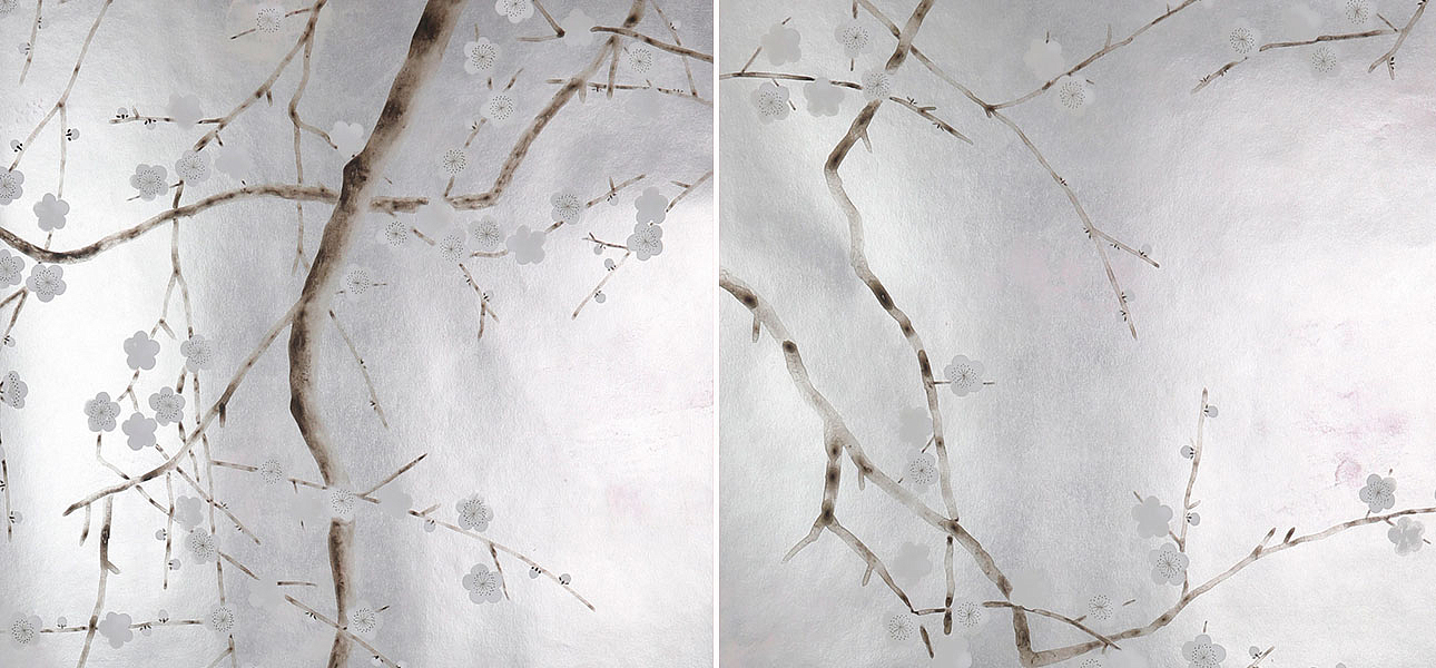 Обои ручная роспись Plum Blossom Colourway SC-229 on Sterling Silver gilded paper with pearlescent antiquing - Loft-Concept в Костроме