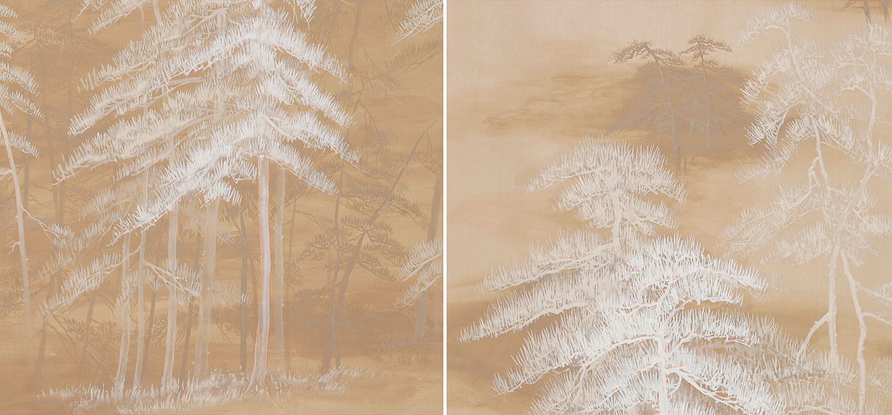 Обои ручная роспись Abstract Pines Original colourway on Stone Ochre dyed silk Обои ручная роспись Abstract Pines Original colourway on Stone Ochre dyed silk - Loft-Concept в Костроме