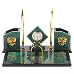 Настольный письменный набор из змеевика с часами и гербом Successful Leader варинант исполнения - 1 | Loft Concept в Костроме