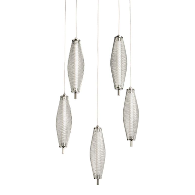 Люстра круглая каскадня с 5-ю плафонами из металлической сетки Mesh Lampshade Lighting Хром в Костроме | Loft Concept 
