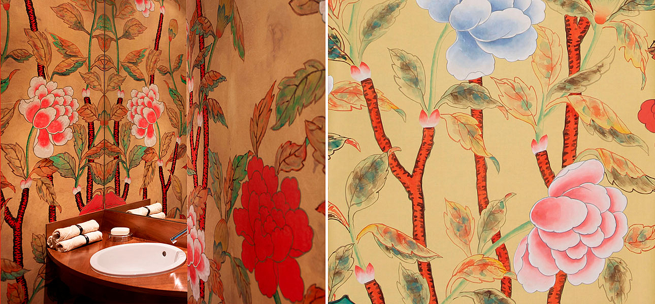 Обои ручная роспись Korean Peony Original colourway on Sienna Earth dyed silk Обои ручная роспись Korean Peony Original colourway on Sienna Earth dyed silk - Loft-Concept в Костроме