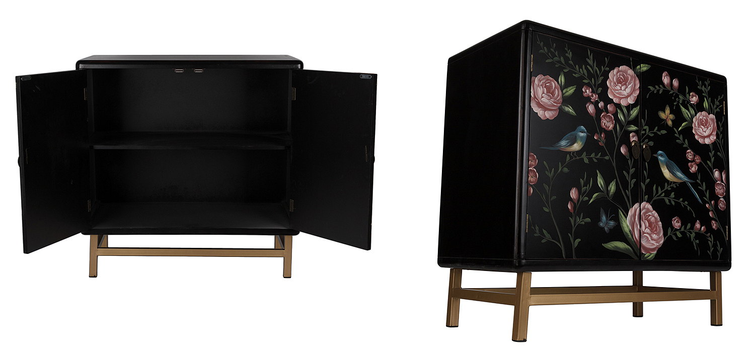 Комод с росписью птицы и цветы Black Chest Of Drawers Peonies Черный Комод с росписью птицы и цветы Black Chest Of Drawers Peonies Черный - Loft-Concept в Костроме