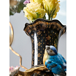 Ваза черная фарфоровая с  узором и бронзовым декором в виде веток с фарфоровой птичкой и цветами Eden Garden варинант исполнения - 4 | Loft Concept в Костроме