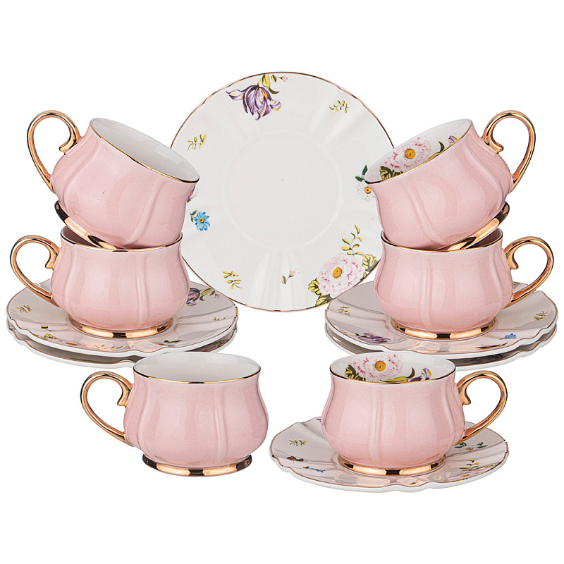 Чайный набор из фарфора на 6 персон 12 предметов Tea Porcelain Set Белый Золотой Розовый Чайный набор из фарфора на 6 персон 12 предметов Tea Porcelain Set Белый Золотой Розовый в Костроме | Loft Concept