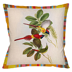 Декоративная подушка бежевая в разноцветную полоску с изображением птиц и цветов Blooming Birds Colorful Cushion варинант исполнения - 2 | Loft Concept в Костроме