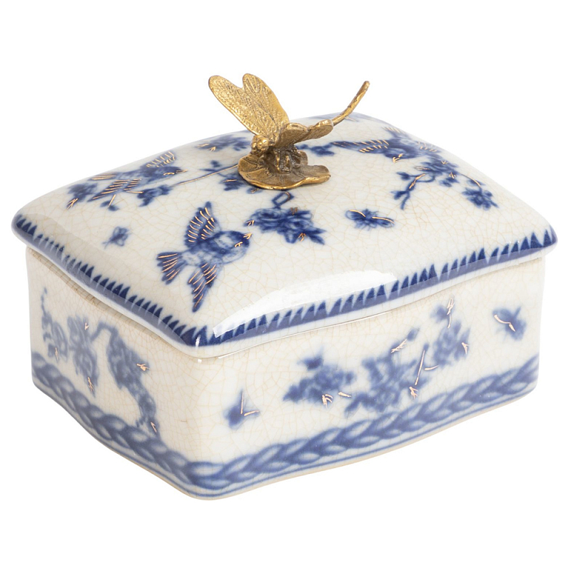 Фарфоровая шкатулка с бронзовой стрекозой Blue and White Синий Бронза Белый Фарфоровая шкатулка с бронзовой стрекозой Blue and White Синий Бронза Белый в Костроме | Loft Concept