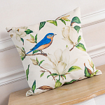 Декоративная подушка бежевая с изображением птица в саду Blooming Blue Birds варинант исполнения - 2 | Loft Concept в Костроме