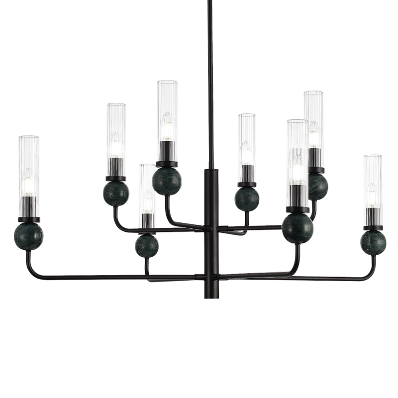 Люстра с 8-ю плафонами в форме стеклянных трубок и мраморных декоративных элементов Montreal Белый Черный Прозрачный Латунь в Костроме | Loft Concept 