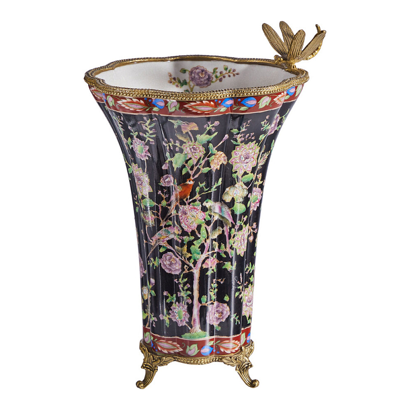 Ваза из фарфора черная с цветочной росписью и бронзовой стрекозой Spring Garden Бронза Мульти Черный в Костроме | Loft Concept 