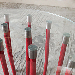 Дизайнерский журнальный стол с круглой прозрачной столешницей и основанием в виде красных металлических тросов Wires варинант исполнения - 5 | Loft Concept в Костроме