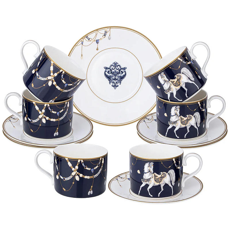 Чайный набор из фарфора с изображением лошадей на 6 персон 12 предметов Porcelain Horse Set Белый Синий Чайный набор из фарфора с изображением лошадей на 6 персон 12 предметов Porcelain Horse Set Белый Синий в Костроме | Loft Concept