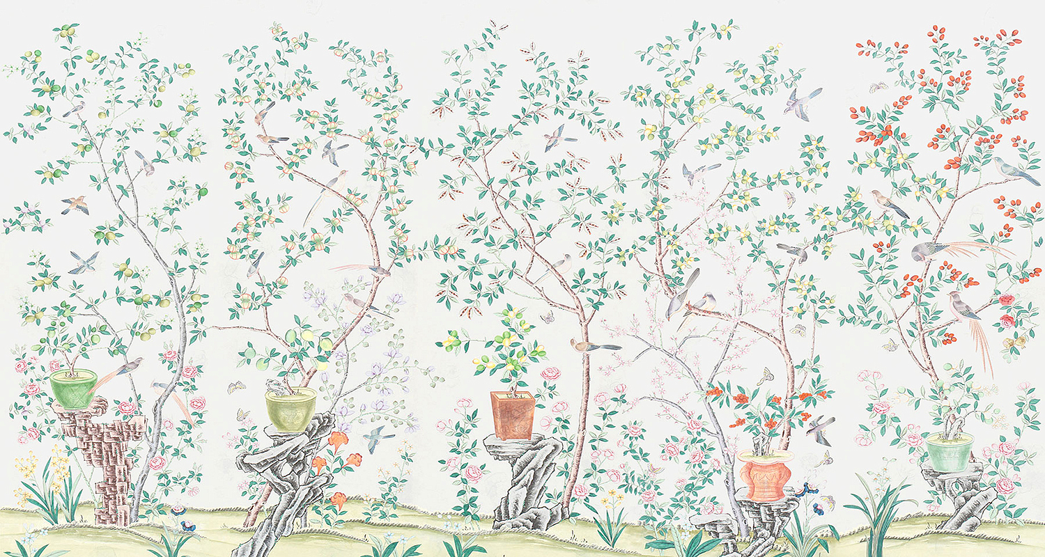 Обои ручная роспись Jardinieres & Citrus Trees Natural Mica Обои ручная роспись Jardinieres & Citrus Trees Natural Mica - Loft-Concept в Костроме