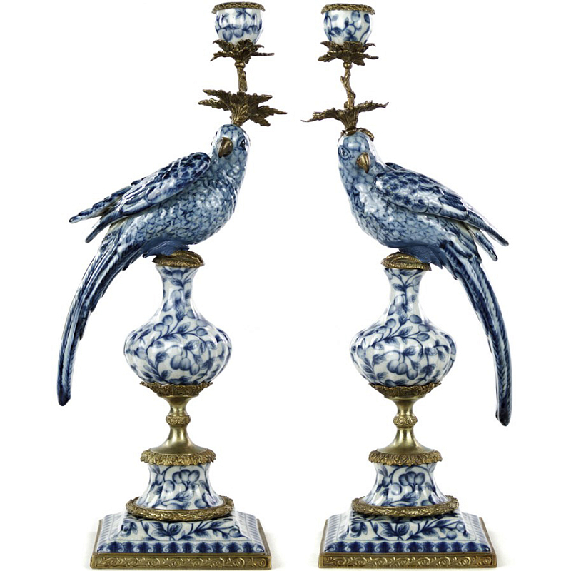 Подсвечник Blue and White Parrot Белый Синий Бронза в Костроме | Loft Concept 