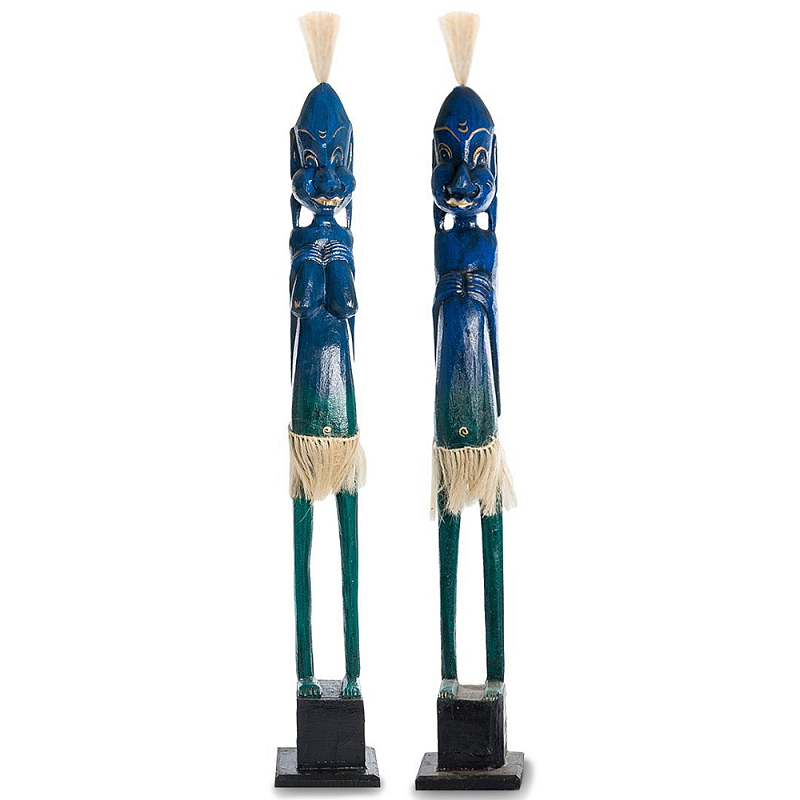 Комплект из 2-х деревянных статуэток Asmat Tall Statuettes Blue Синий Зеленый Бежевый Комплект из 2-х деревянных статуэток Asmat Tall Statuettes Blue Синий Зеленый Бежевый в Костроме | Loft Concept