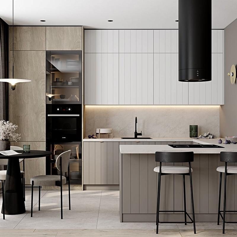 Кухонный гарнитур с фасадом в полоску Rainier Kitchen Set Серый Бежевый Белый Древесина Кухонный гарнитур с фасадом в полоску Rainier Kitchen Set Серый Бежевый Белый Древесина в Костроме | Loft Concept