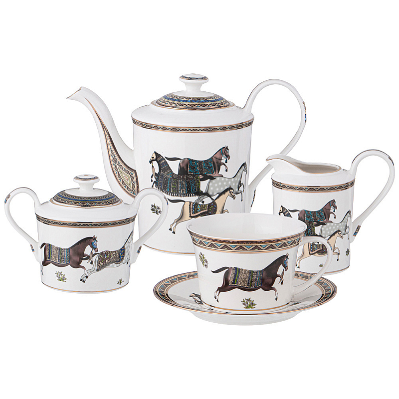 Чайный сервиз из фарфора с изображением лошадей на 6 персон 15 предметов Porcelain Horse Set Белый Мульти Чайный сервиз из фарфора с изображением лошадей на 6 персон 15 предметов Porcelain Horse Set Белый Мульти в Костроме | Loft Concept