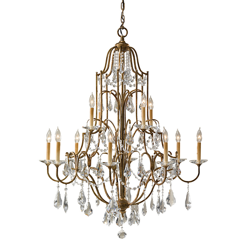 Люстра многоярусная с 12-ю лампами и стеклянными подвесками в классическом стиле Feiss Бронза Прозрачное Стекло в Костроме | Loft Concept 