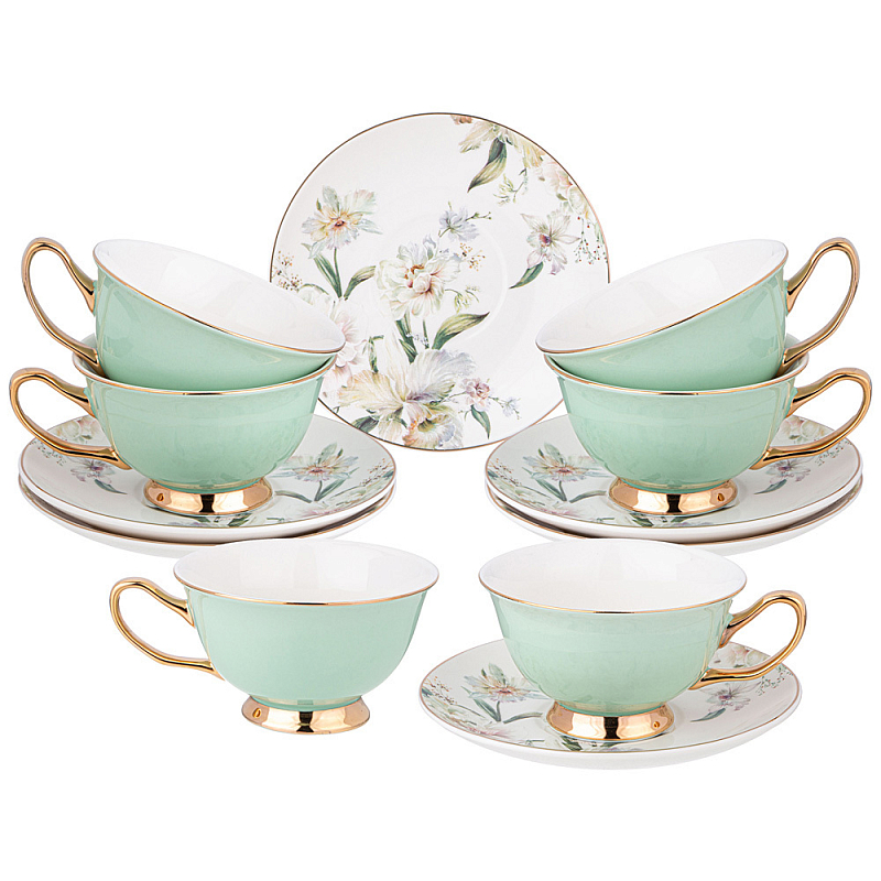 Чайный набор из фарфора на 6 персон Tea Porcelain Set Белый Золотой Зеленый Чайный набор из фарфора на 6 персон Tea Porcelain Set Белый Золотой Зеленый в Костроме | Loft Concept