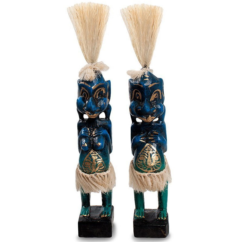 Комплект из 2-х деревянных статуэток Asmat Straw Headdress Statuettes Blue Tattoo Синий Бирюзовый Бежевый Золотой Мульти Комплект из 2-х деревянных статуэток Asmat Straw Headdress Statuettes Blue Tattoo Синий Бирюзовый Бежевый Золотой Мульти в Костроме | Loft Concept