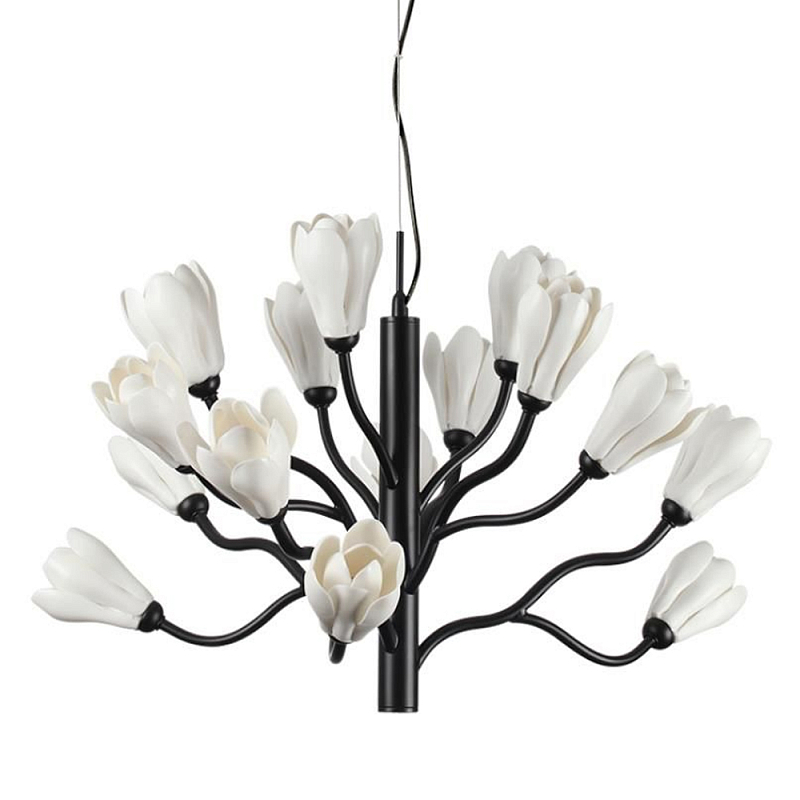 Люстра подвесная черного цвета с ветвями и белыми фарфоровыми цветами Floralis Черный Белый в Костроме | Loft Concept 