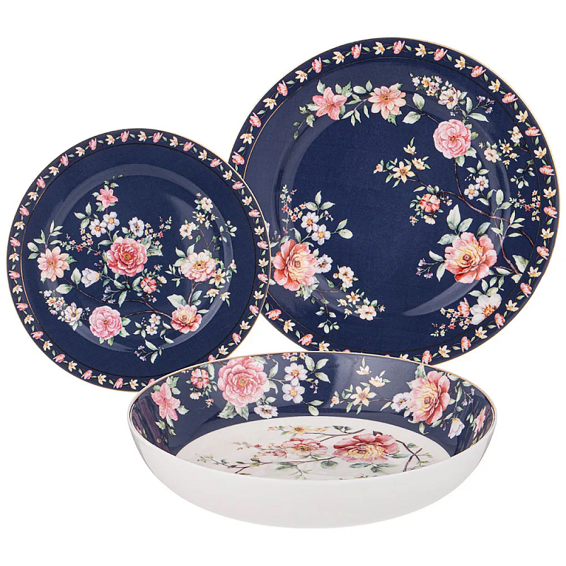 Набор посуды обеденный из фарфора на 6 персон 18 предметов Flower Porcelain Collection Синий Красный Зеленый Набор посуды обеденный из фарфора на 6 персон 18 предметов Flower Porcelain Collection Синий Красный Зеленый в Костроме | Loft Concept