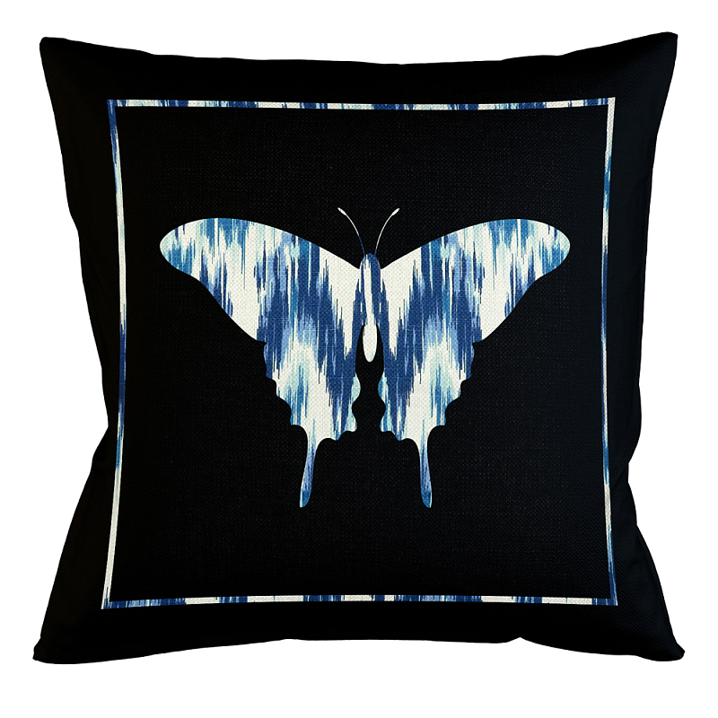 Подушка декоративная бабочка с синим узором Ikat Pattern Черный Белый Синий Бежевый Подушка декоративная бабочка с синим узором Ikat Pattern Черный Белый Синий Бежевый в Костроме | Loft Concept
