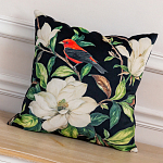 Декоративная подушка чёрная с изображением птицы в саду Blooming Red Birds варинант исполнения - 2 | Loft Concept в Костроме