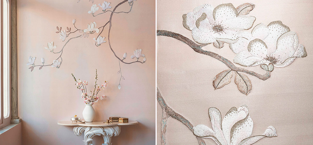 Обои Magnolia Canopy Original colourway on Rose Water metallic slub silk - Loft-Concept в Костроме