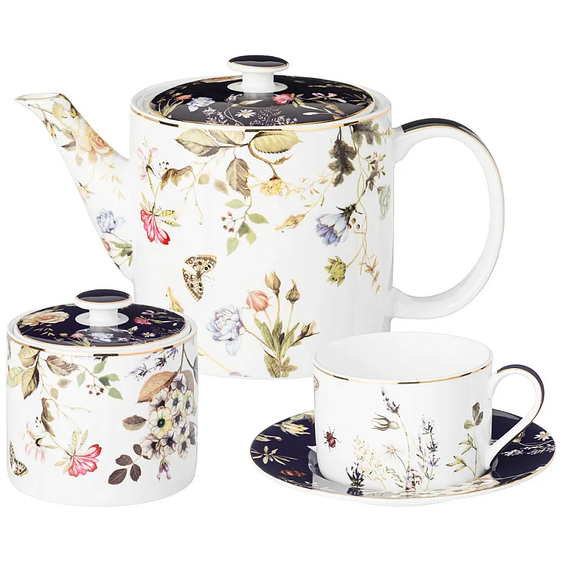 Чайный сервиз из фарфора с цветочным принтом на 6 персон 14 предметов Garden Whisper Porcelain Set Белый Темно-синий Мульти Чайный сервиз из фарфора с цветочным принтом на 6 персон 14 предметов Garden Whisper Porcelain Set Белый Темно-синий Мульти в Костроме | Loft Concept