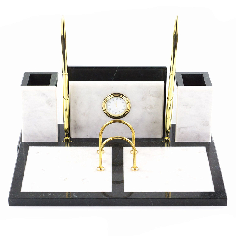 Настольный письменный набор из белого мрамора с часами Marble Accessory Белый Черный Настольный письменный набор из белого мрамора с часами Marble Accessory Белый Черный в Костроме | Loft Concept