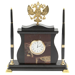 Часы настольные с Гербом России и 2-мя шариковыми ручками в комплекте Stone Clock варинант исполнения - 4 | Loft Concept в Костроме