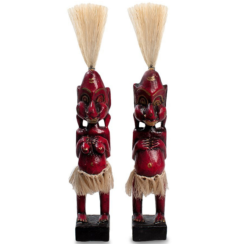 Комплект из 2-х деревянных статуэток Asmat Straw Headdress Statuettes Red Красный Черный Бежевый Комплект из 2-х деревянных статуэток Asmat Straw Headdress Statuettes Red Красный Черный Бежевый в Костроме | Loft Concept