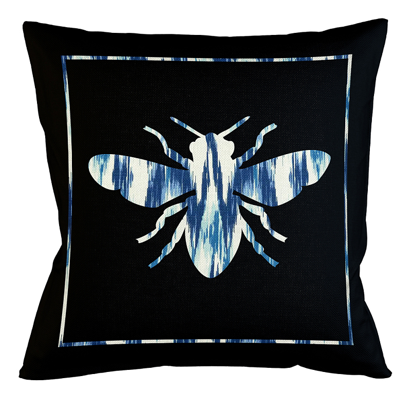 Подушка декоративная пчела с синим узором Ikat Pattern Черный Белый Синий Бежевый Подушка декоративная пчела с синим узором Ikat Pattern Черный Белый Синий Бежевый в Костроме | Loft Concept