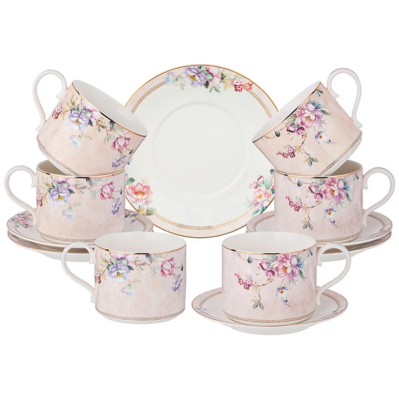 Чайный набор из фарфора с цветочным принтом на 6 персон 12 предметов Flower Porcelain Collection Розовый Мульти Чайный набор из фарфора с цветочным принтом на 6 персон 12 предметов Flower Porcelain Collection Розовый Мульти в Костроме | Loft Concept