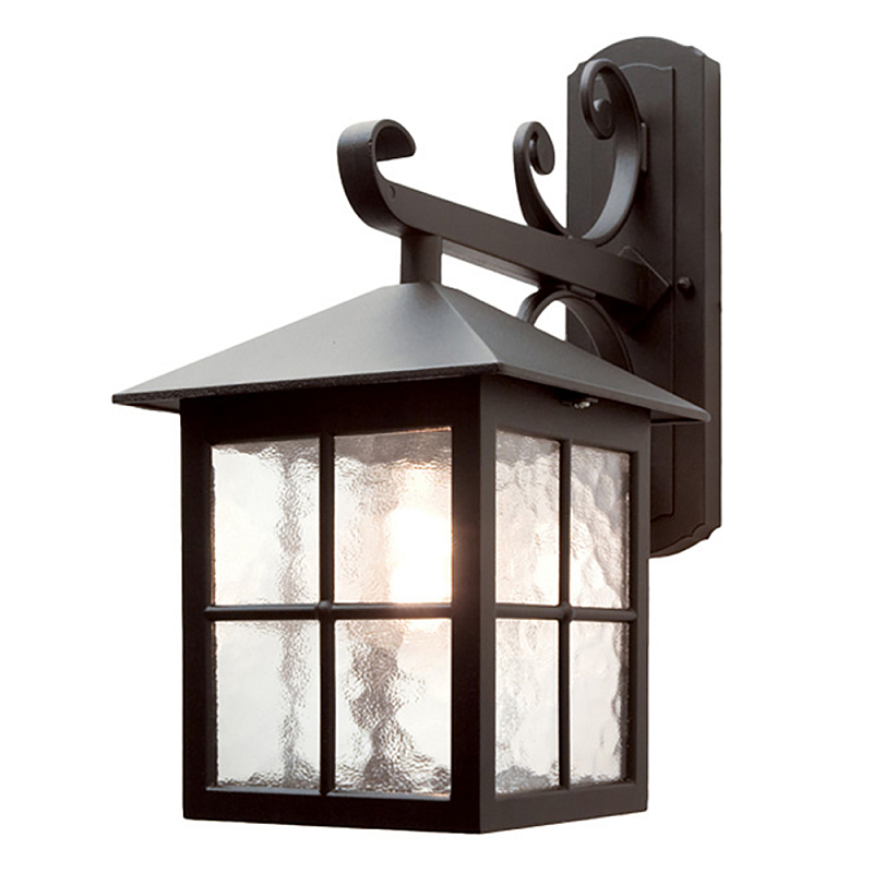 Настенный фонарь черного цвета в форме фонаря с решетчатым плафоном и фактурным стеклом Elstead Lighting Черный Прозрачное Стекло в Костроме | Loft Concept 