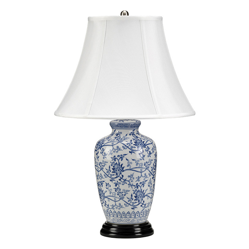 Настольная лампа с фарфоровым основанием с декоративным орнаментом и белым абажуром на темной круглой подставке Elstead Lighting Белый Синий Никель Черный Золотой Серебряный в Костроме | Loft Concept 