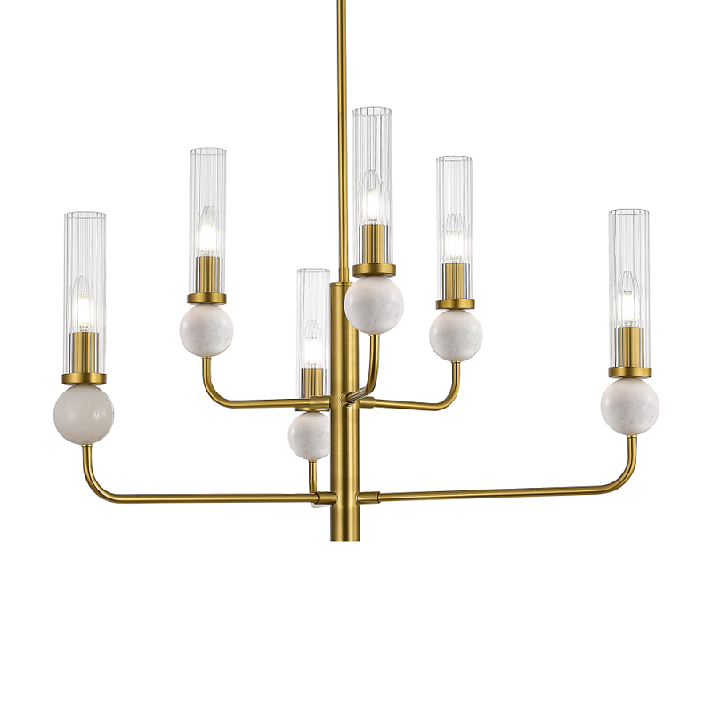 Люстра с 6-ю плафонами в форме стеклянных трубок и мраморных декоративных элементов Montreal Белый Латунь Прозрачный в Костроме | Loft Concept 