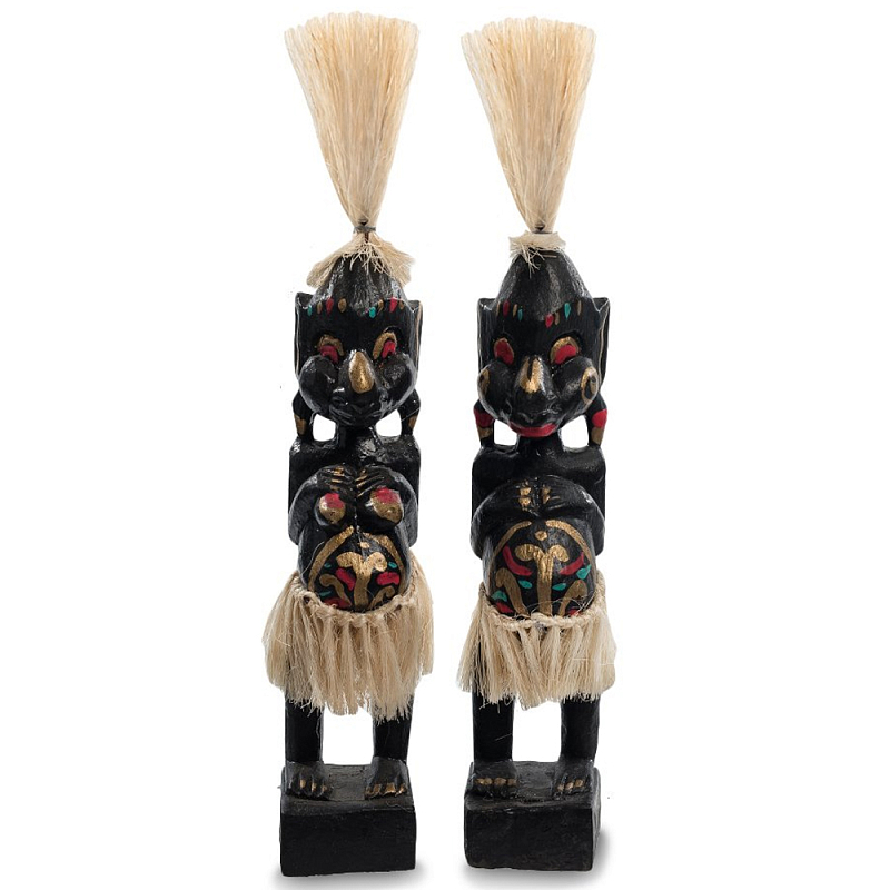 Комплект из 2-х деревянных статуэток Asmat Straw Headdress Statuettes Multicolor Мульти Черный Синий Красный Комплект из 2-х деревянных статуэток Asmat Straw Headdress Statuettes Multicolor Мульти Черный Синий Красный в Костроме | Loft Concept