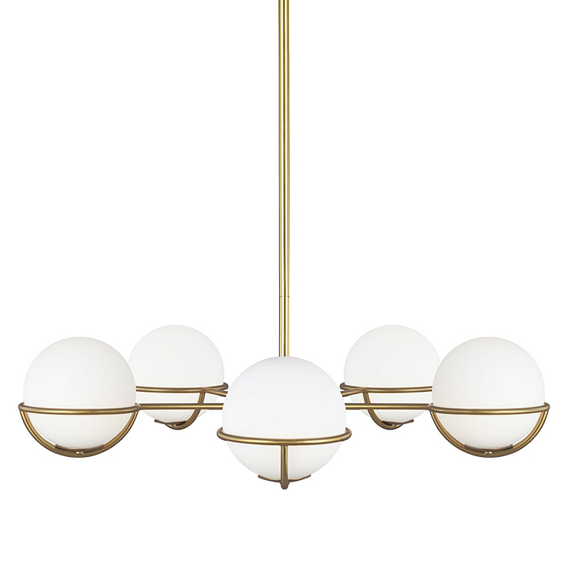 Люстра с 5-ю белыми шарообразными плафонами в сферические каркасах Feiss Латунь Белый в Костроме | Loft Concept 