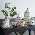Ваза белая с крышкой с рисунком зеленых и золотых листьев 48 см Chinoiserie Ceramics варинант исполнения - 5 | Loft Concept в Костроме