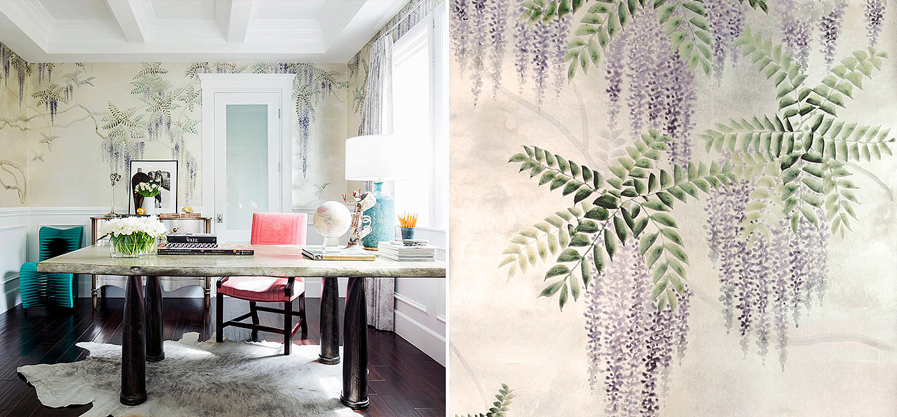 Обои в японском стиле Wisteria Lavender on White Metal gilded paper with pearlescent antiquing Обои в японском стиле Wisteria Lavender on White Metal gilded paper with pearlescent antiquing - Loft-Concept в Костроме