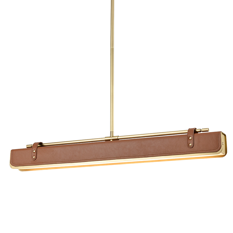 Подвесной светильник линейный латунного цвета в кожаном коричневом чехле и декоративными ремешками Alora Латунь Коричневый в Костроме | Loft Concept 